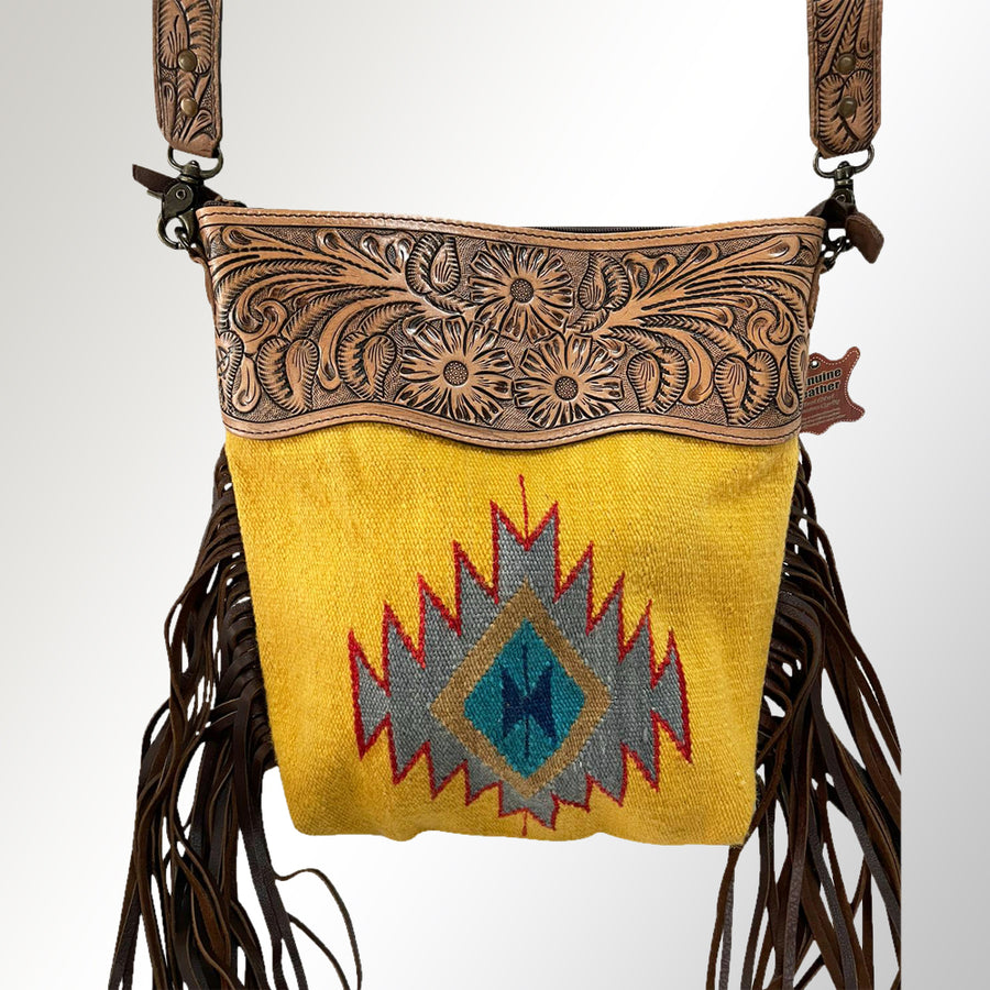Yellow wool crossbody bag with leather tooled top and fringe - Uhorse