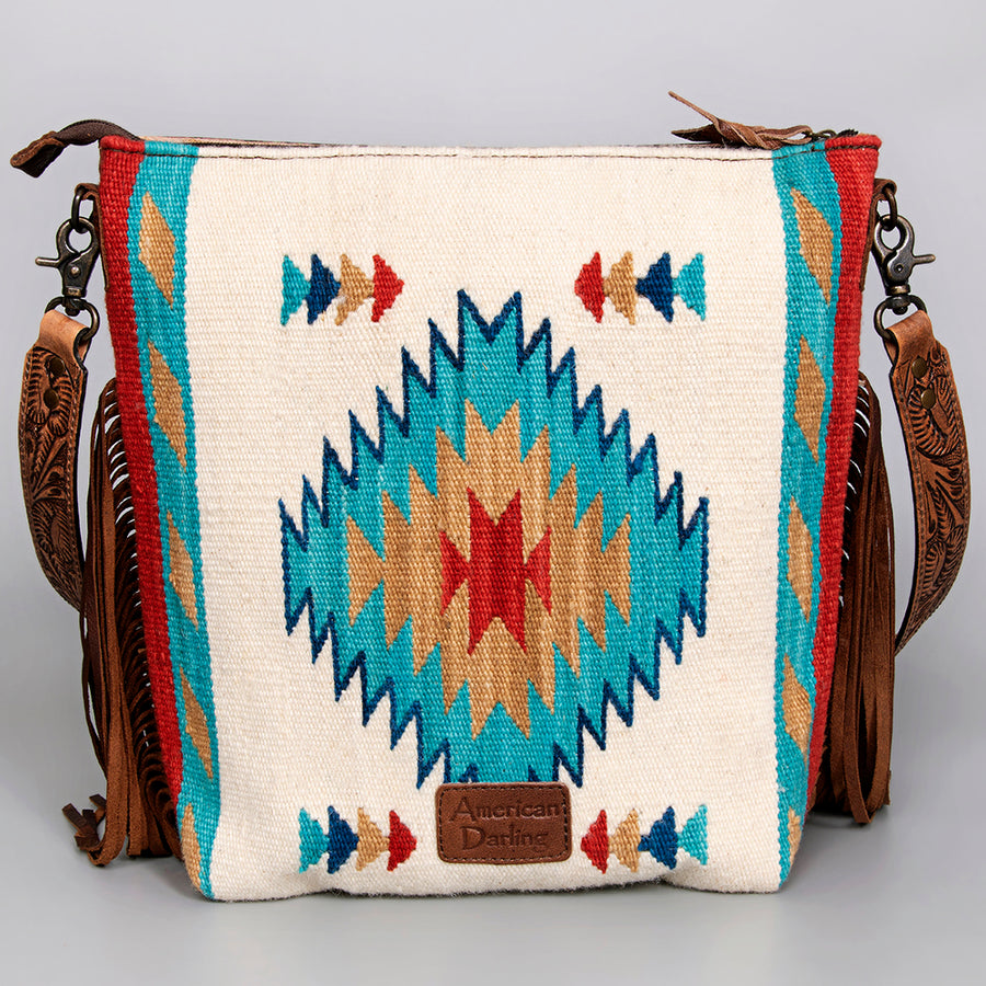 American Darling Signature Cross Body Bag Hand Tooled Floral Carved Leather Woven Saddle Blanket Fringes Genuine Leather