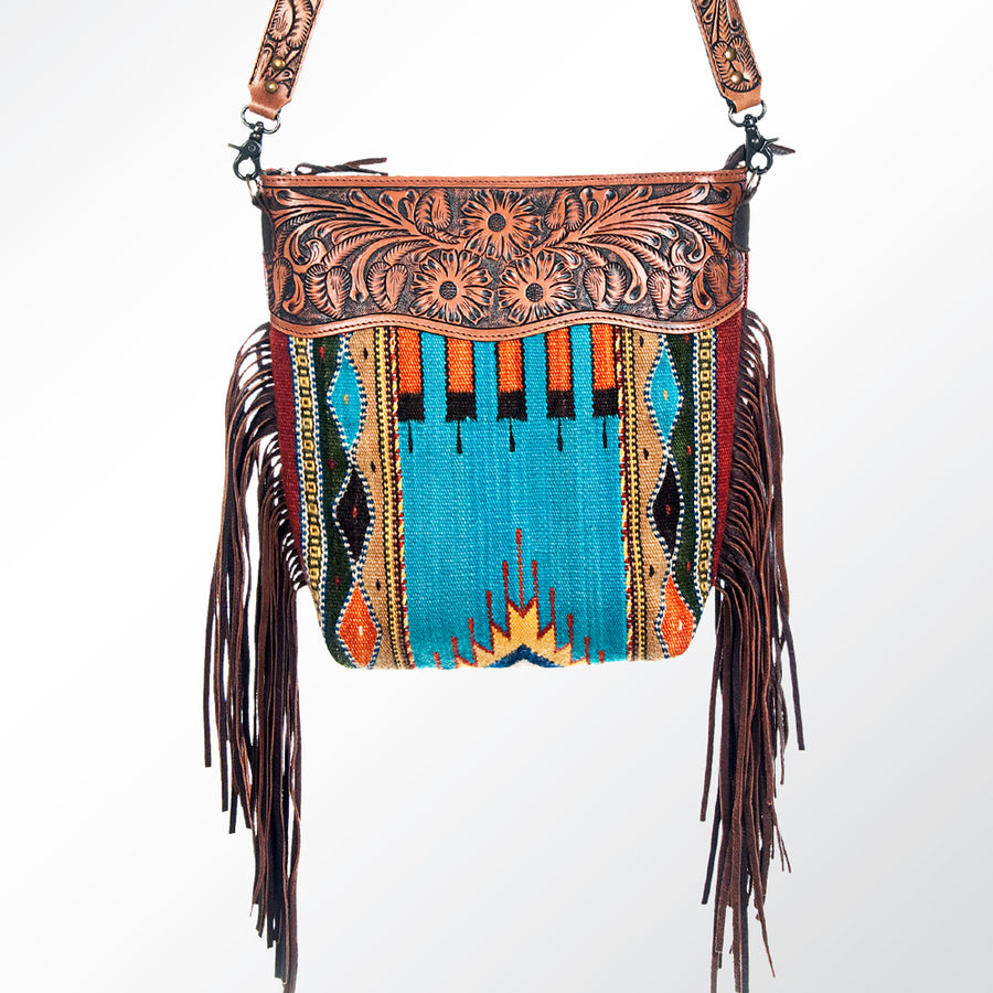 American Darling Signature Cross Body Bag Hand Tooled Floral Carved Leather Woven Saddle Blanket Fringes Genuine Leather