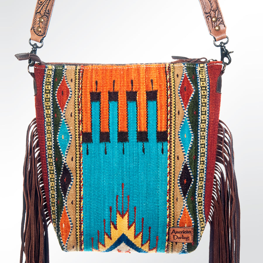 American Darling Signature Cross Body Bag Hand Tooled Floral Carved Leather Woven Saddle Blanket Fringes Genuine Leather