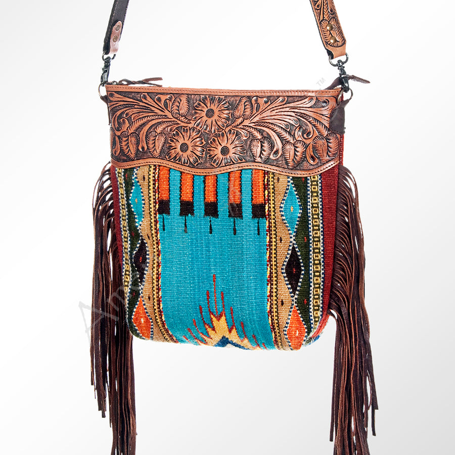 American Darling Signature Cross Body Bag - Hand Tooled Floral Leather and Woven Saddle Blanket - Uhorse