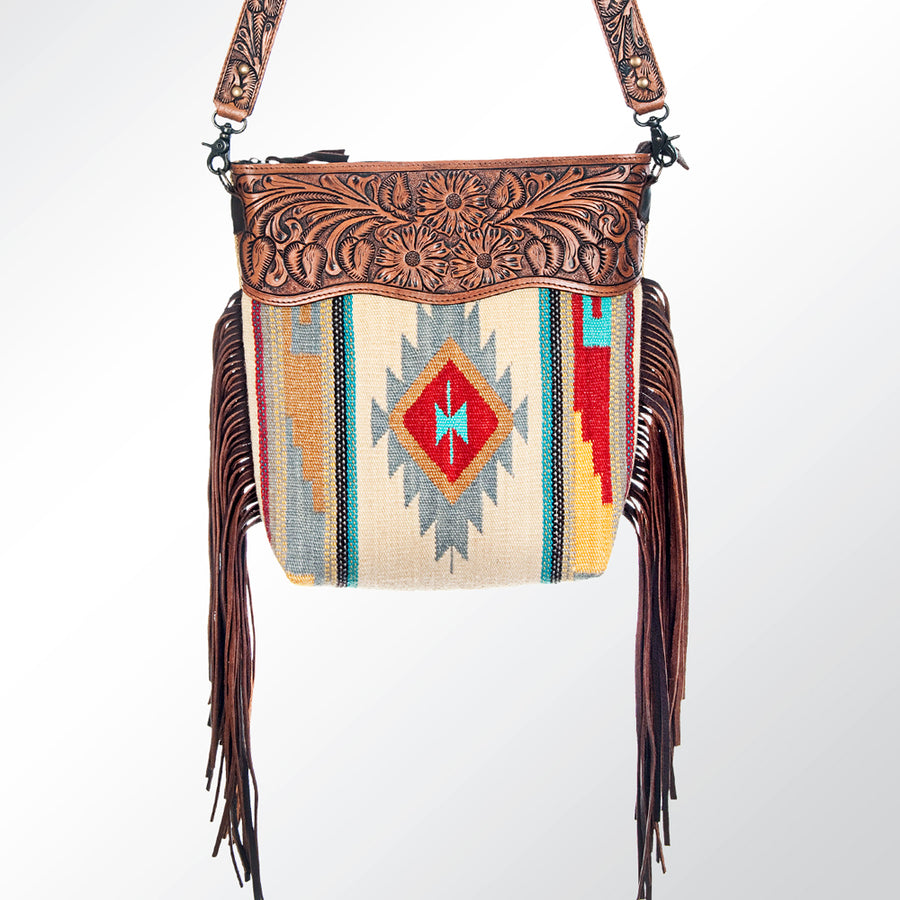 American Darling Signature Cross Body Bag Hand Tooled Floral Carved Leather Woven Saddle Blanket Fringes Genuine Leather