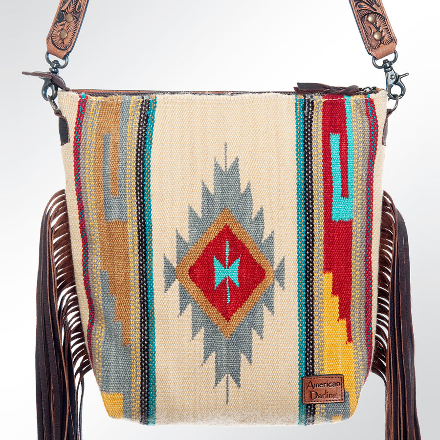 American Darling Signature Cross Body Bag Hand Tooled Floral Carved Leather Woven Saddle Blanket Fringes Genuine Leather