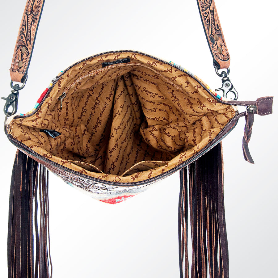 American Darling Signature Cross Body Bag Hand Tooled Floral Carved Leather Woven Saddle Blanket Fringes Genuine Leather