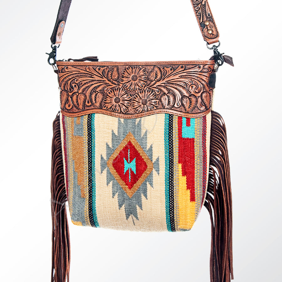 American Darling Cross body Bag - Hand Tooled Floral Leather and Woven Saddle Blanket - Uhorse