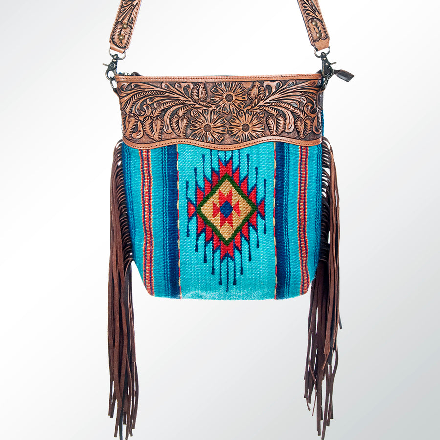 American Darling Signature Cross Body Bag Hand Tooled Floral Carved Leather Woven Saddle Blanket Fringes Genuine Leather