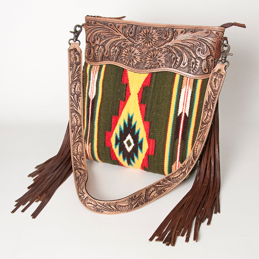 American Darling Hand Tooled Floral and Hand Woven Saddle Blanket Signature Cross Body Bag - Uhorse