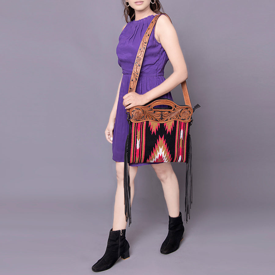 American Darling Clutch Hand Tooled Saddle Blanket Fabric Genuine Leather Western Women Bag Handbag Purse | Purses for Cute
