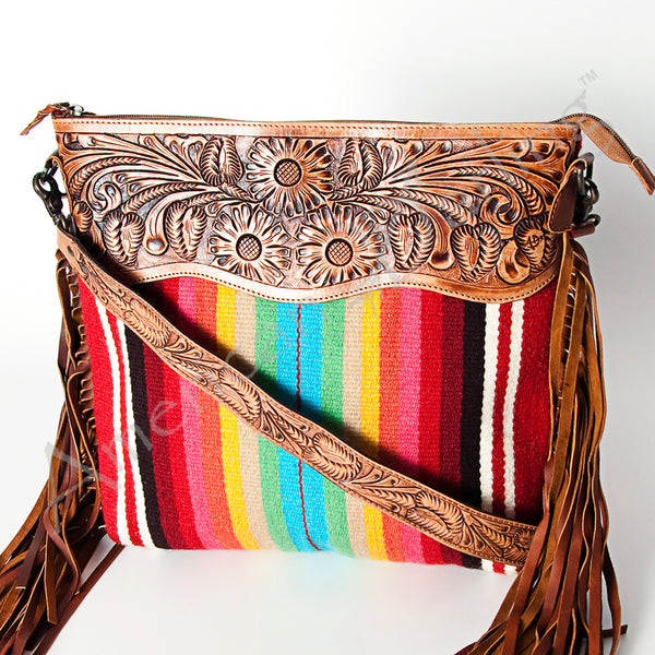American Darling Signature CrossBody Hand Tooled Saddle Blanket Fabric Genuine Leather Western Women Bag Handbag - Uhorse