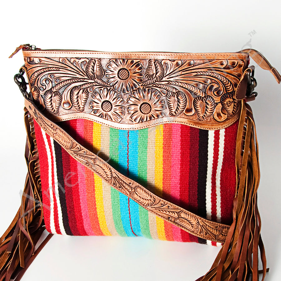 American Darling Signature CrossBody Hand Tooled Saddle Blanket Fabric Genuine Leather Western Women Bag Handbag - Uhorse