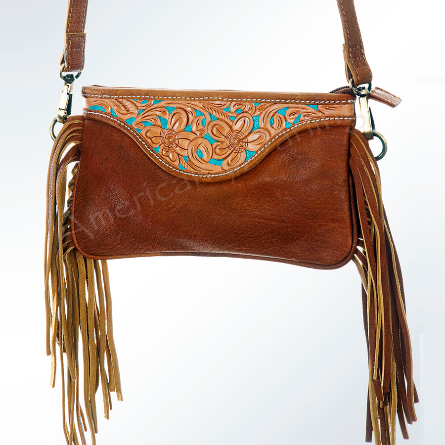 Leather and cowhide crossbody bag with tooled floral design and fringe - Uhorse