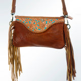 Leather and cowhide crossbody bag with tooled floral design and fringe - Uhorse