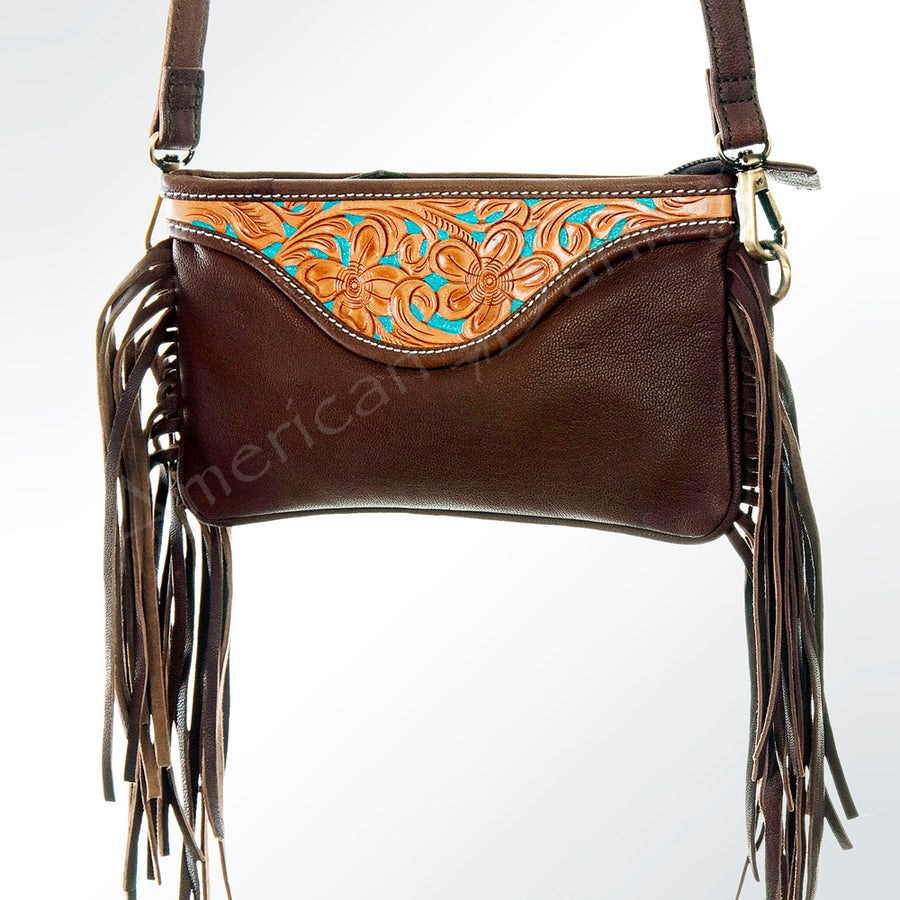 American Darling Small Cross body Bag with Hand Tooled Floral Carving and Fringes - Uhorse