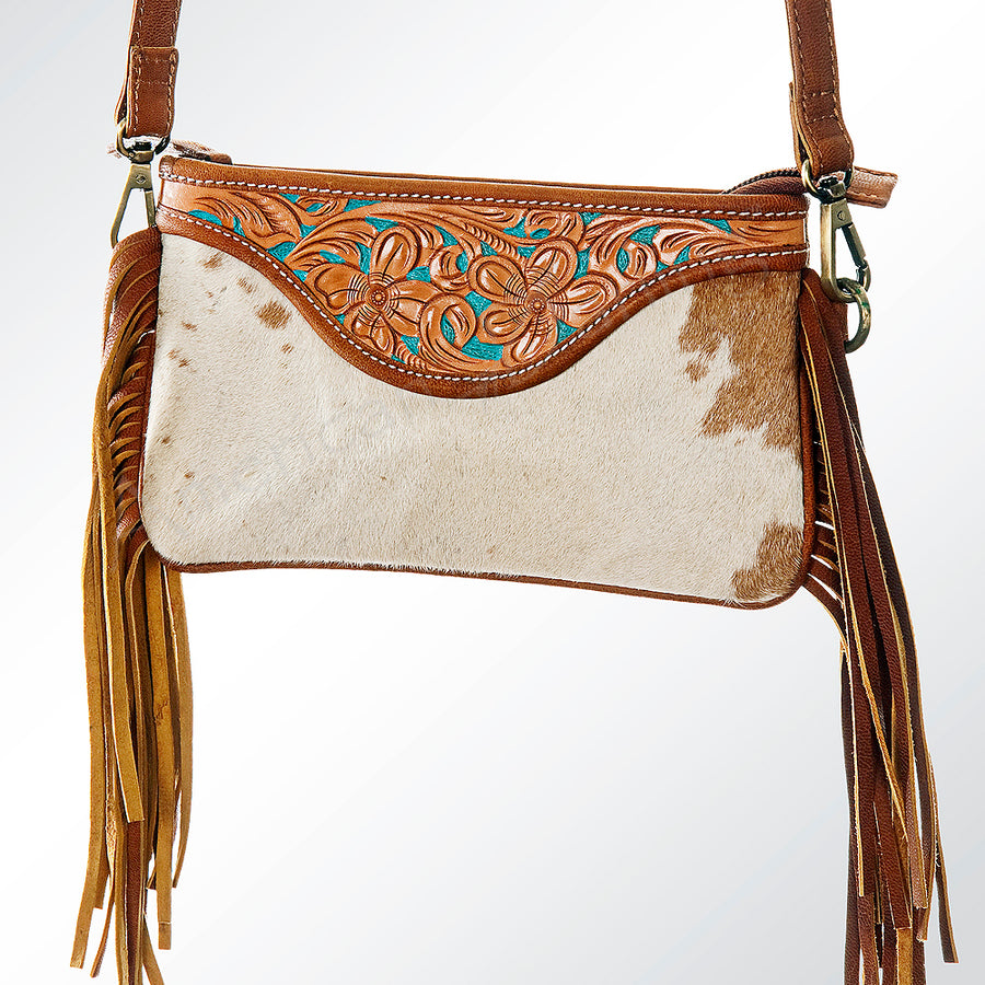 American Darling Small Cross body Bag Hand Tooled Floral Carved Fringes Genuine Vegetable Tanned Leather 5in x 8in