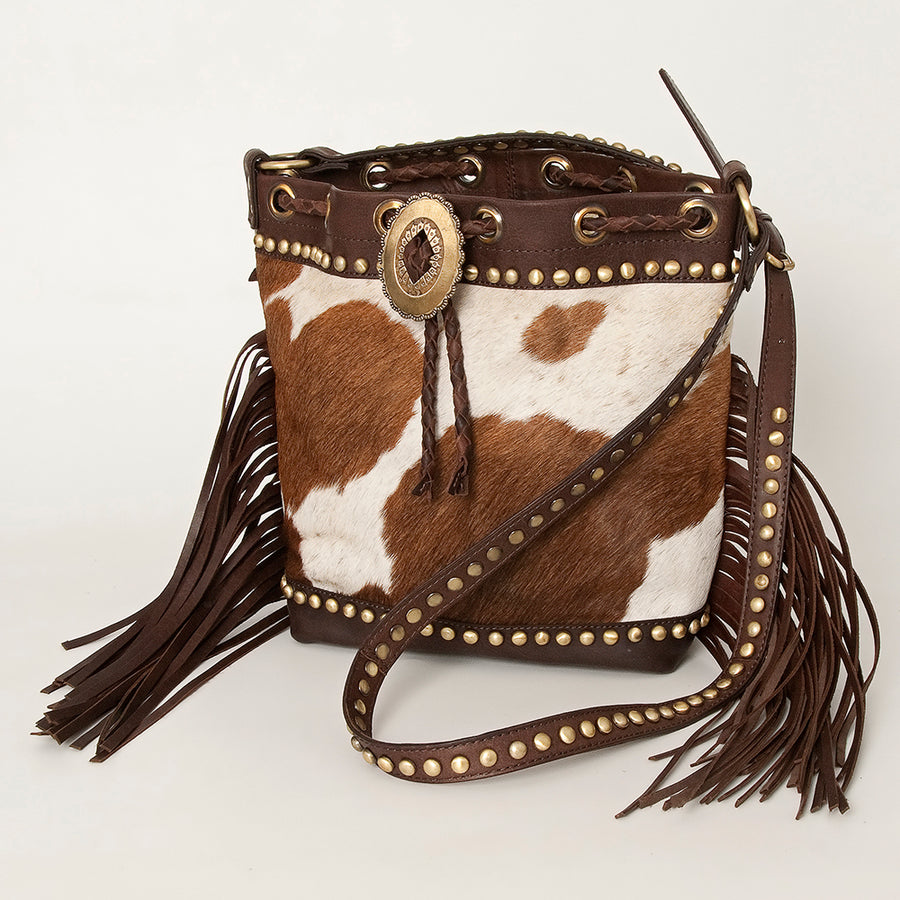 American Darling Hair-On Cowhide Bucket Bag with Fringes and Riveted Details - Uhorse