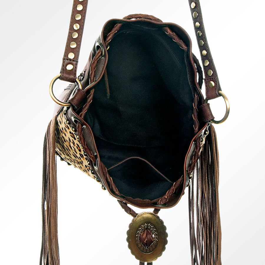 American Darling Bucket Bag Hair-On Cowhide Genuine Leather Fringes Riveted Drawstring Western Purse 11in X 13in X 5in