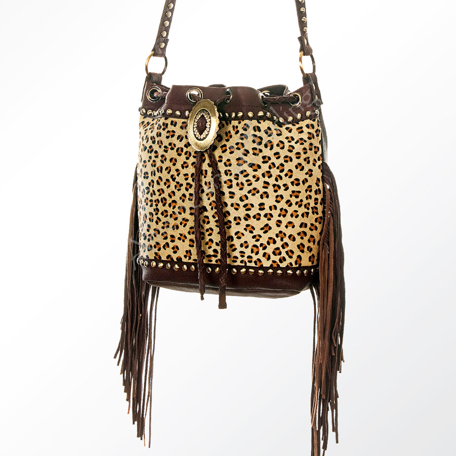 American Darling Hair-On Cowhide Bucket Bag with Fringes and Riveted Details - Uhorse