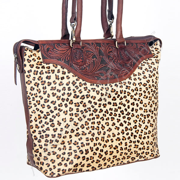 American Darling Hand Tooled Floral Leather Tote Bag with Hair-On Cowhide Accent - Uhorse