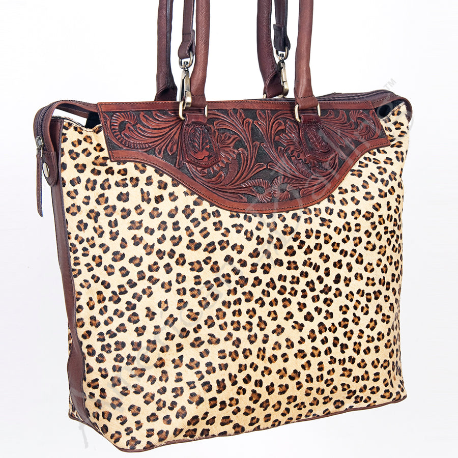 American Darling Hand Tooled Floral Leather Tote Bag with Hair-On Cowhide Accent - Uhorse