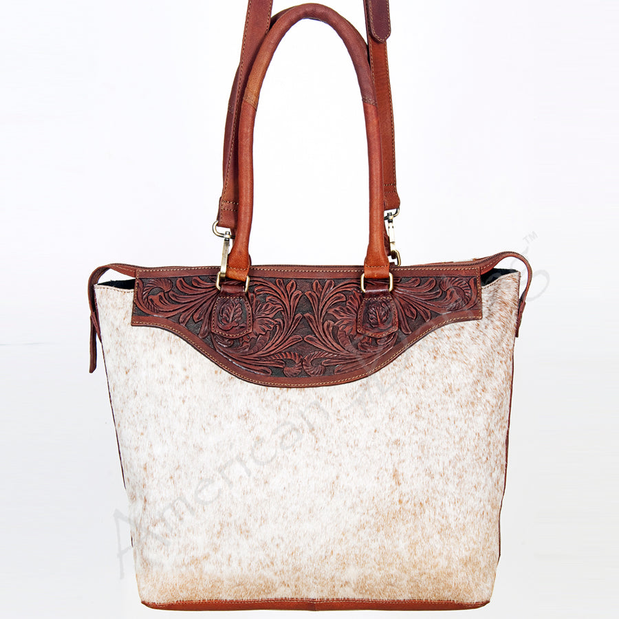 American Darling Tote Bag Hand Tooled Floral Carved Hair-On Cowhide Genuine Vegetable Tanned Leather 14in X 14in X 6in