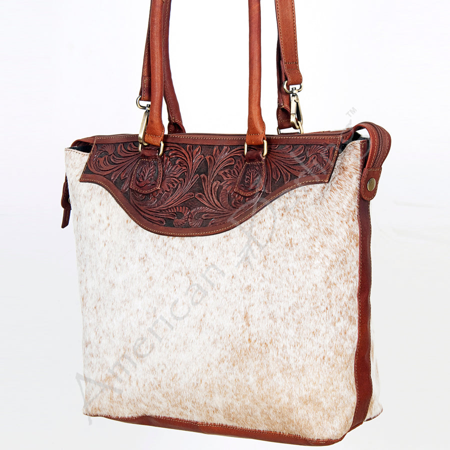 American Darling Hand Tooled Floral Leather Tote Bag with Hair-On Cowhide Accent - Uhorse