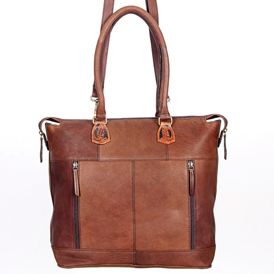 American Darling Tote Bag Hand Tooled Floral Carved Hair-On Cowhide Genuine Vegetable Tanned Leather 14in X 14in X 6in