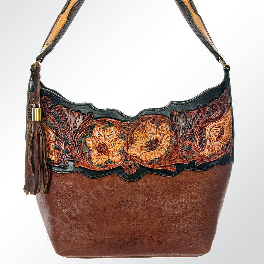 American Darling Hobo Bag Hand Tooled Floral Carved Genuine Vegetable Tanned Leather with Tassels 9in X 14in X 4in
