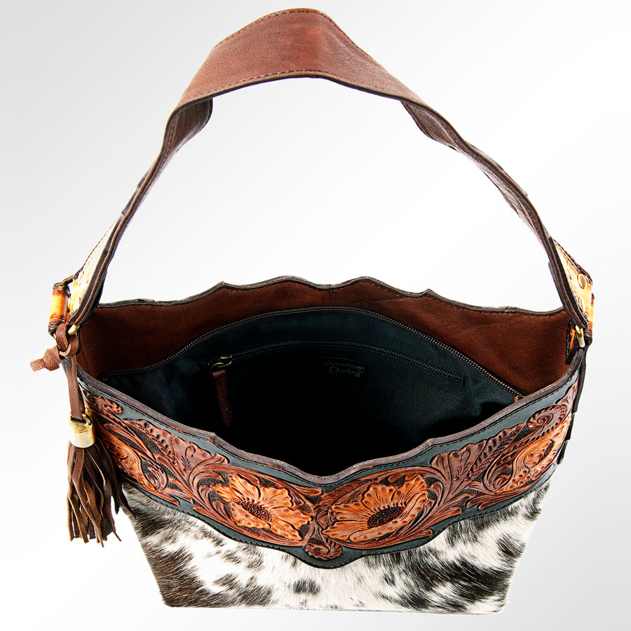 American Darling Hobo Bag Hand Tooled Floral Carved Genuine Vegetable Tanned Leather with Tassels 9in X 14in X 4in