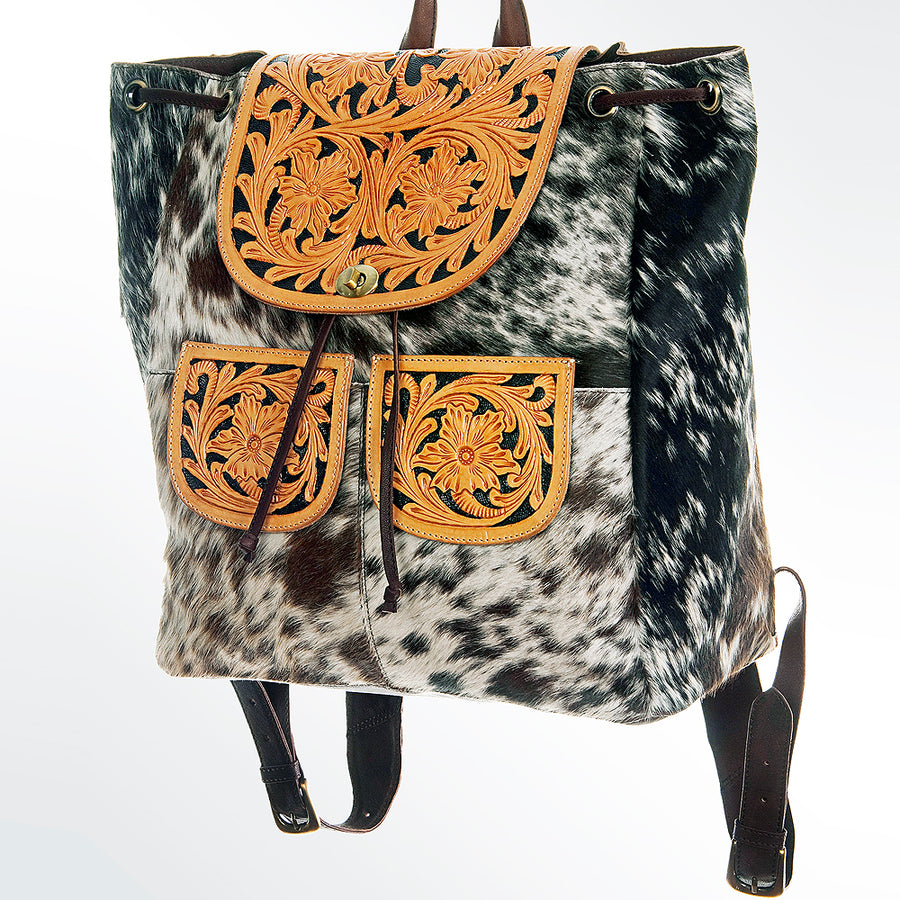 American Darling Western Leather Backpack with Hair-On Cowhide and Drawstring - Uhorse