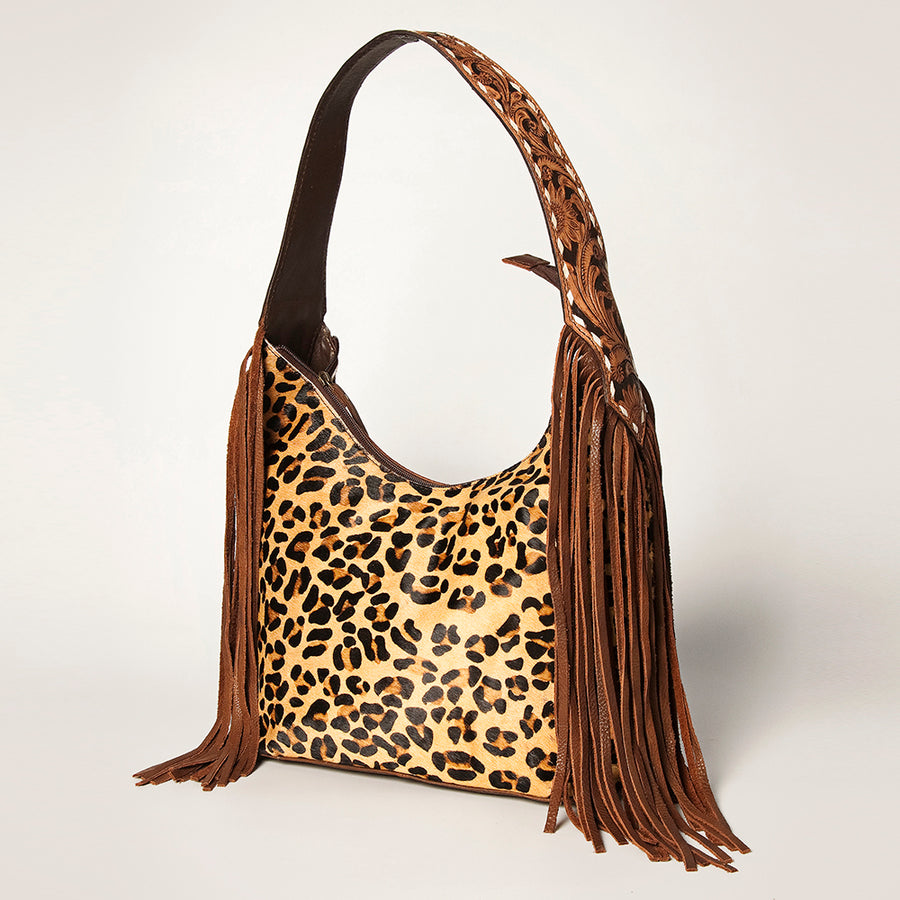 American Darling Hand Tooled Floral Leather Hobo Bag with Fringes and Buck Stitching - Uhorse