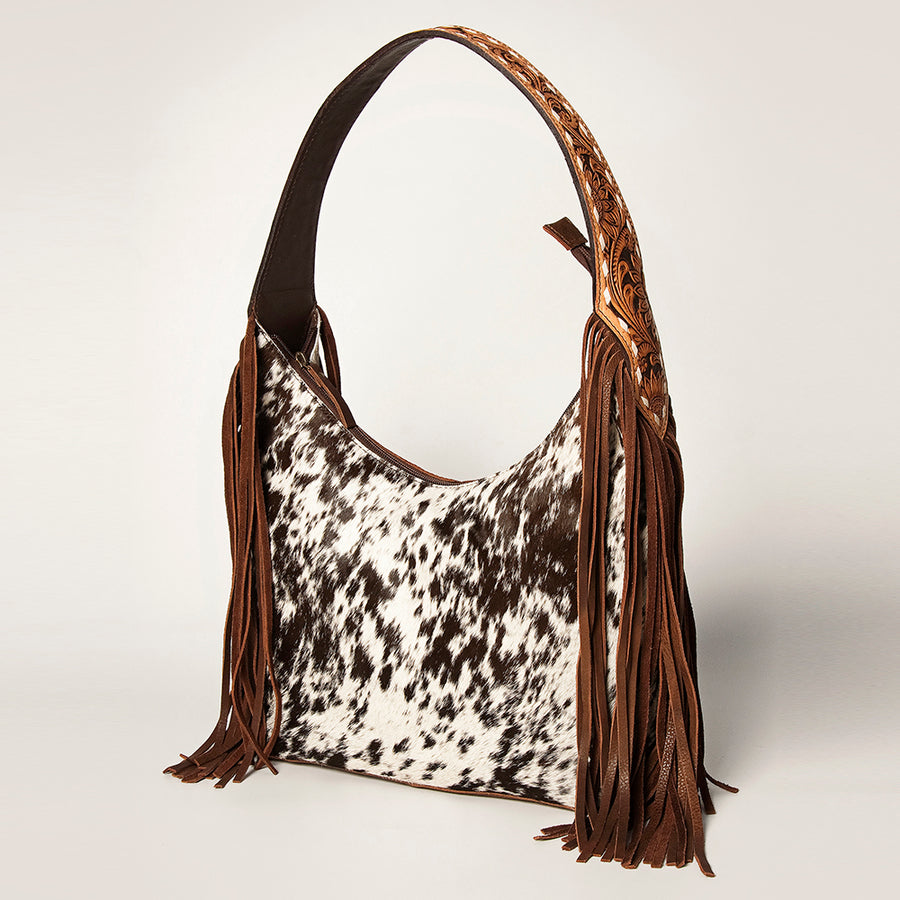 American Darling Hand Tooled Floral Hobo Bag with Hair-On Cowhide and Fringes - Uhorse