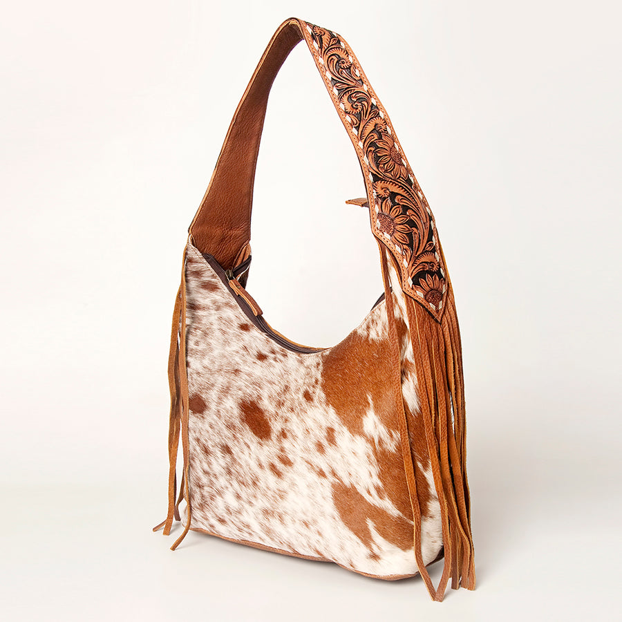 American Darling Hand Tooled Floral Hobo Bag with Hair-On Cowhide and Fringes - Uhorse