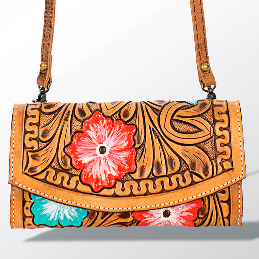 American Darling Wallet Bag Hand Tooled Genuine Vegetable Tanned Leather Hair-On Cowhide Crossbody Purse with YKK Zipper