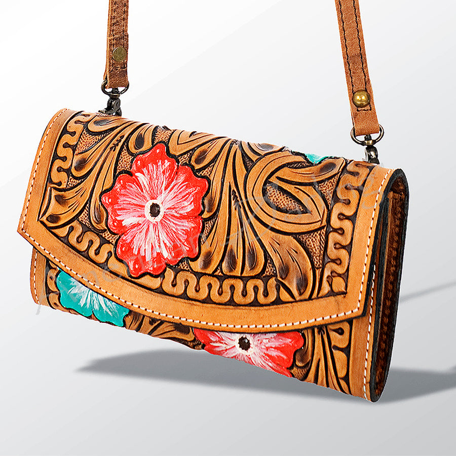 American Darling Hand Tooled Leather and Hair-On Cowhide Western Wallet Bag - Uhorse