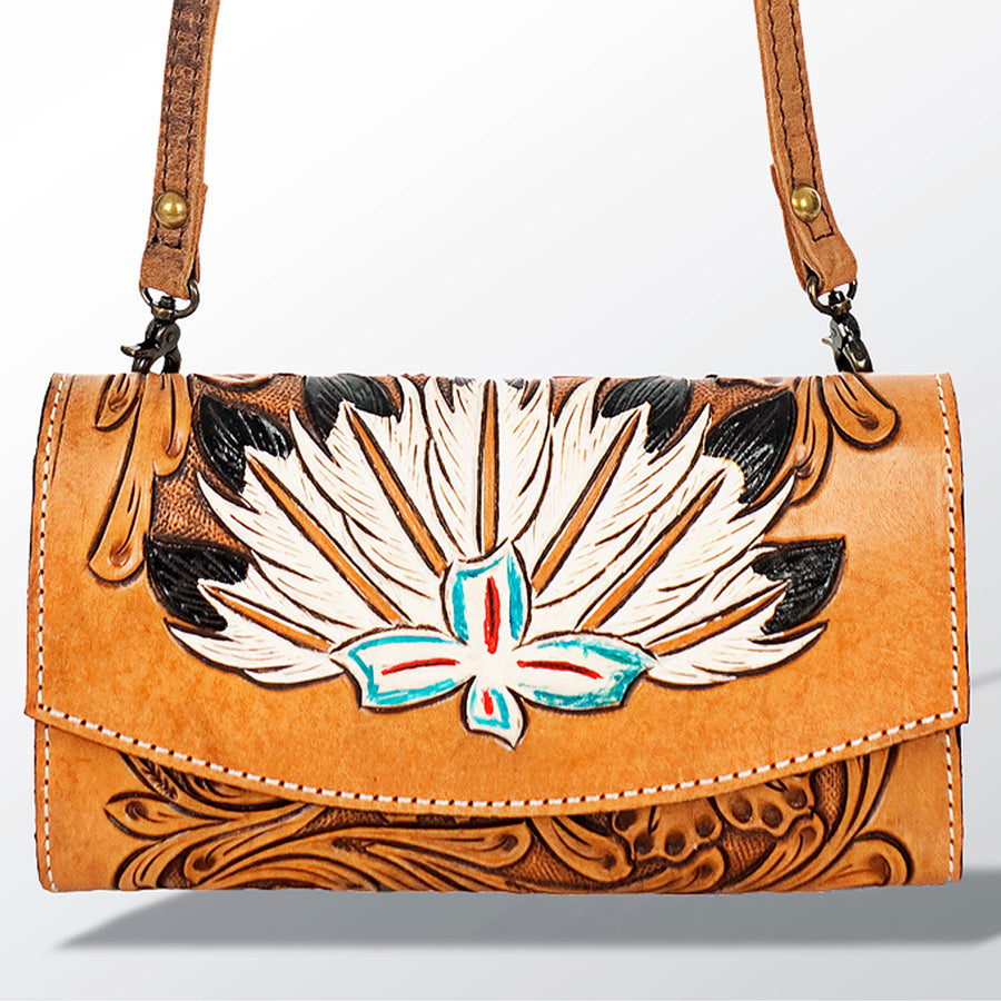 American Darling Wallet Bag Hand Tooled Genuine Vegetable Tanned Leather Hair-On Cowhide Crossbody Purse with YKK Zipper