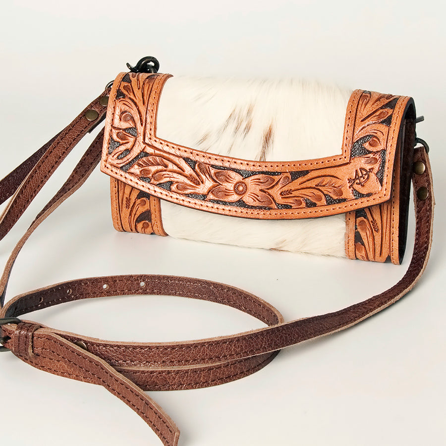 American Darling Hand Tooled Leather and Hair-On Cowhide Western Wallet Bag - Uhorse