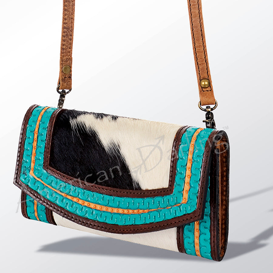 American Darling Hand Tooled Leather and Hair-On Cowhide Western Wallet Bag - Uhorse