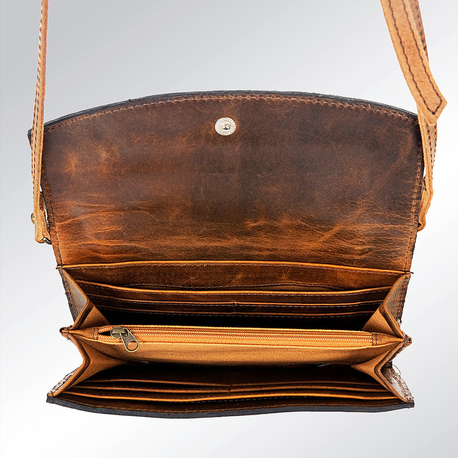 American Darling Wallet Bag Hand Tooled Genuine Vegetable Tanned Leather Hair-On Cowhide Crossbody Purse with YKK Zipper