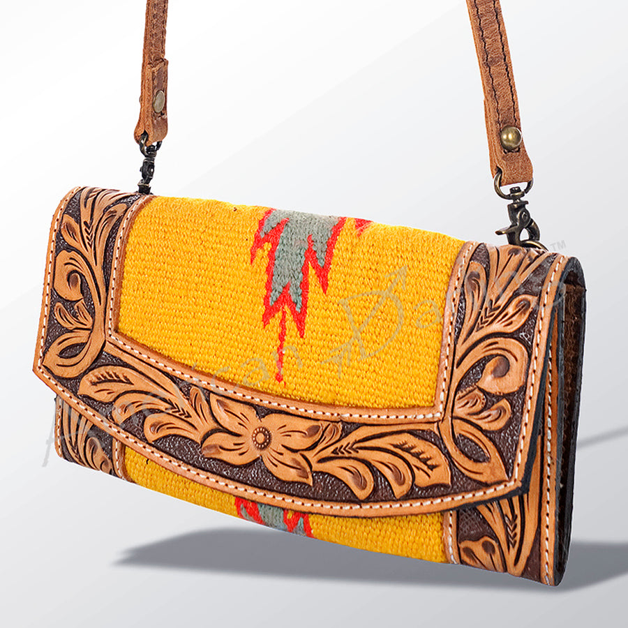 American Darling Hand Tooled Floral and Hand Woven Saddle Blanket Western Wallet Bag - Uhorse