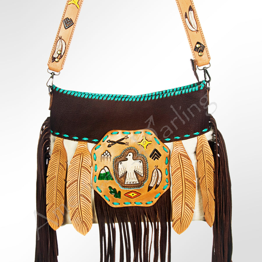 Black leather fringe shoulder bag with tooled eagle concho - Uhorse