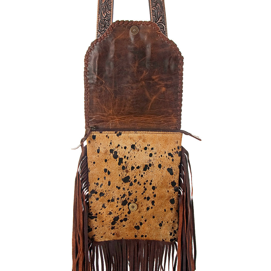 American Darling Cross body Bag Hand Tooled Floral Strap Hair-On Cowhide Leather Purse Fringes with YKK Zipper