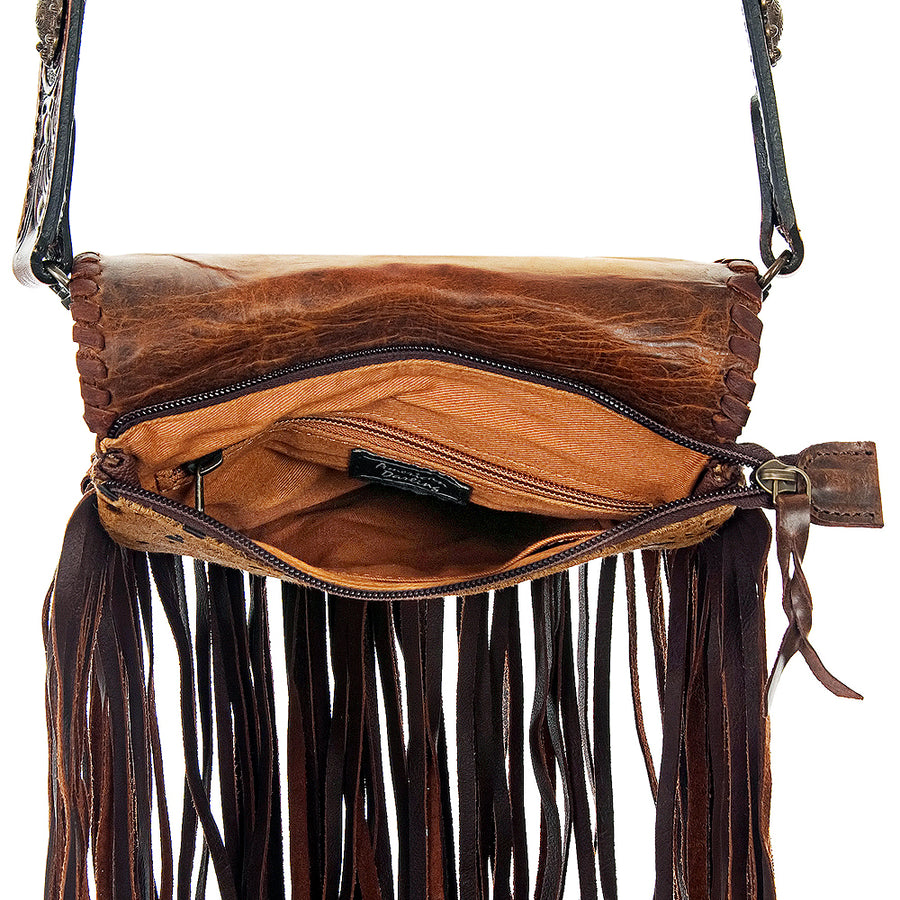 American Darling Cross body Bag Hand Tooled Floral Strap Hair-On Cowhide Leather Purse Fringes with YKK Zipper
