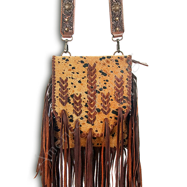 American Darling Hand Tooled Strap and Hair-On Cowhide Western Cross body Bag with Fringes - Uhorse