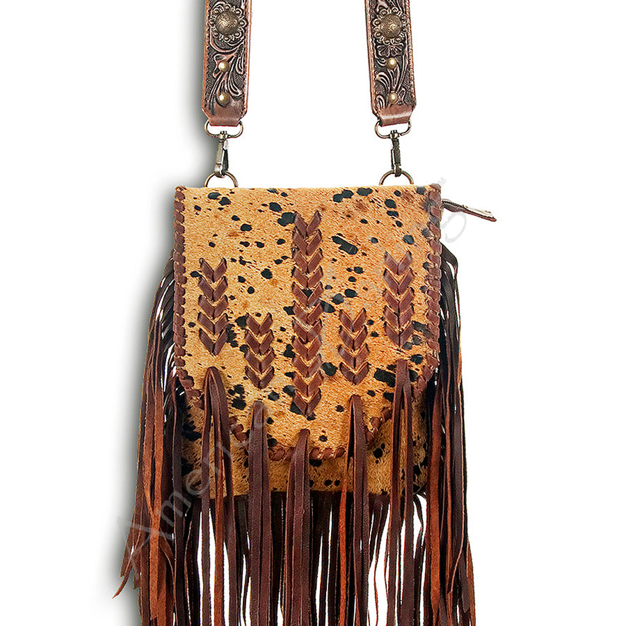 American Darling Hand Tooled Strap and Hair-On Cowhide Western Cross body Bag with Fringes - Uhorse