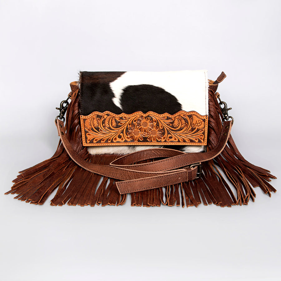 American Darling Small Cross body Bag Hand Tooled Floral Hair-On Cowhide Genuine Leather Fringed Purse with YKK Zipper