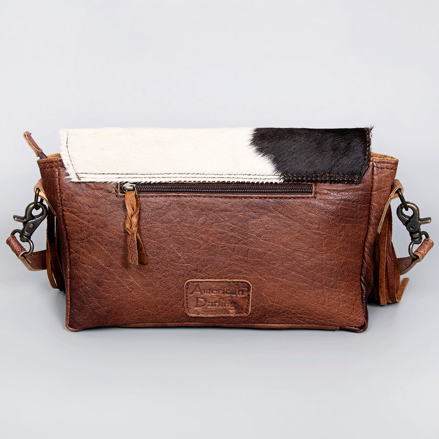 American Darling Small Cross body Bag Hand Tooled Floral Hair-On Cowhide Genuine Leather Fringed Purse with YKK Zipper