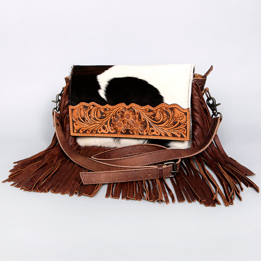 American Darling Hand Tooled Floral Leather and Hair-On Cowhide Small Cross body Bag - Hilason