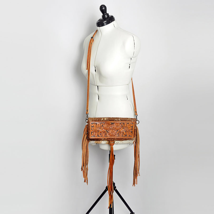 American Darling Wallet Bag Hand Tooled Floral Carved Hair-On Cowhide Genuine Leather Purse Fringes with YKK Zipper