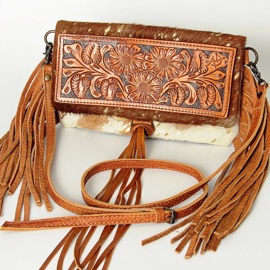 American Darling Hand Tooled Floral Leather and Hair-On Cowhide Western Wallet Bag with Fringes - Uhorse