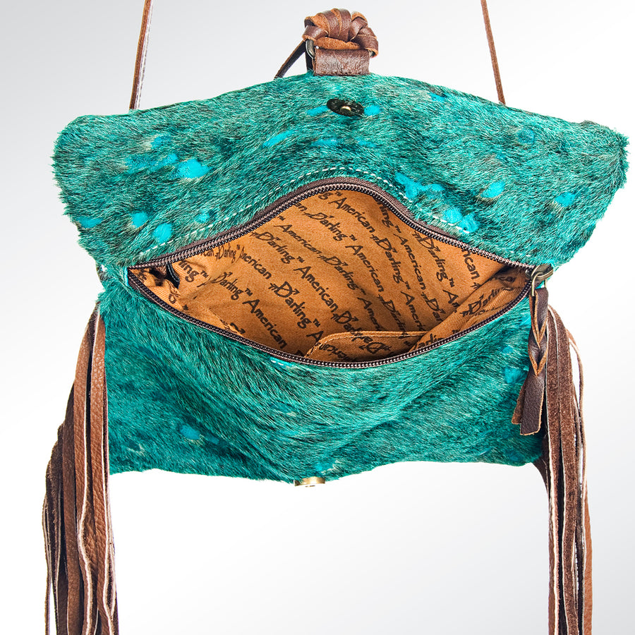 American Darling Wallet Bag Hand Tooled Floral Carved Hair-On Cowhide Genuine Leather Purse Fringes with YKK Zipper